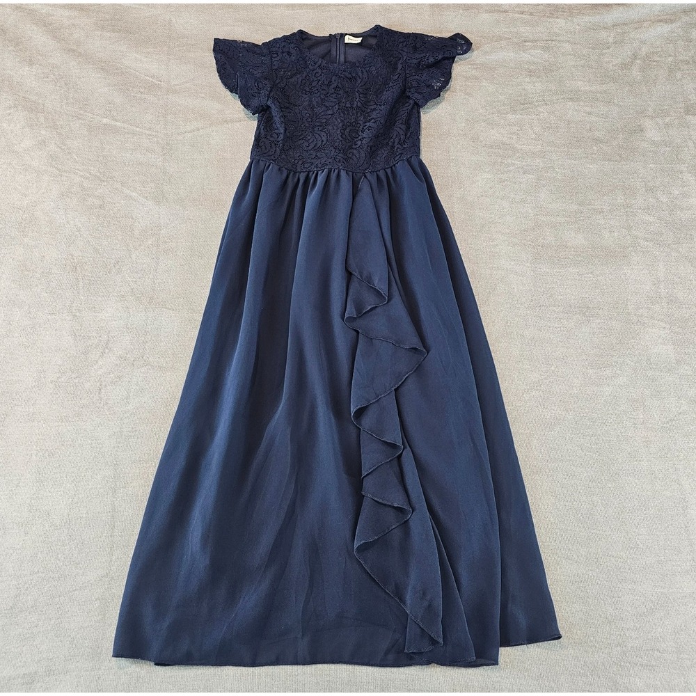 Girls Lace Flower Maxi Dress Ruffle Sleeve 6-7 Junior Bridesmaid Chiffon Wedding